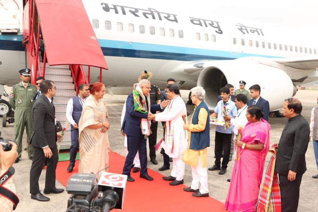 Indian Vice President Jagdish Dhankar and wife of Vice President  Smt. Sudesh Dhankar were received at Maharaja Bir Vikram Airport in Agartala on Tuesday by Chief Minister Dr. Manik Saha and others. The Chief Minister thinks that their visit to the state will be a sign of great pride for the people of Tripura.
